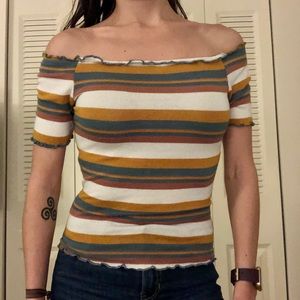 Striped off the shoulder lettuce hem tee